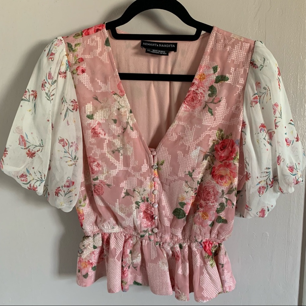 Hermana & Nandita Romantic Flower Print Puff Sleeve Top size XS